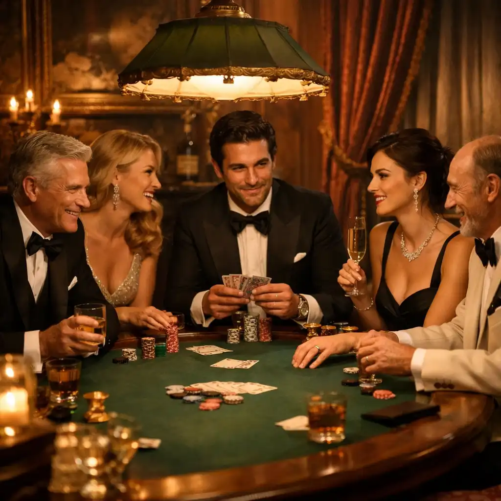Elegancki stół pokerowy w otoczeniu gości podczas ekskluzywnego wieczoru kasynowego