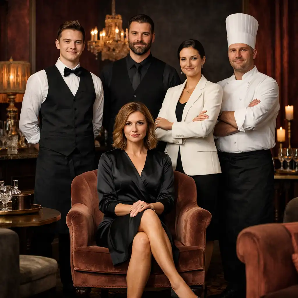 Elegancki zespół eventowy w wieczorowych stylizacjach podczas przygotowań do luksusowego wydarzenia