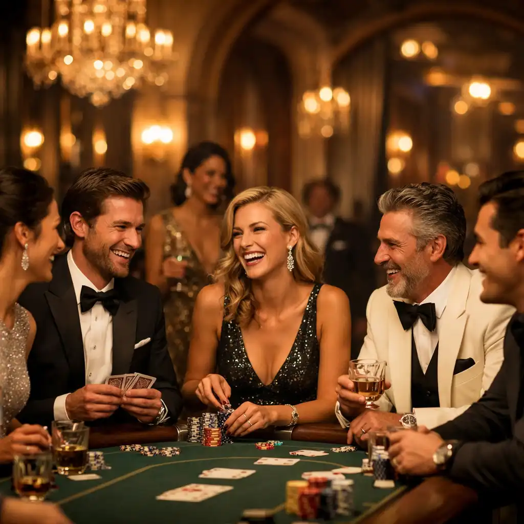 Elegancki wieczór kasynowy z gośćmi przy oświetlonym stole pokerowym