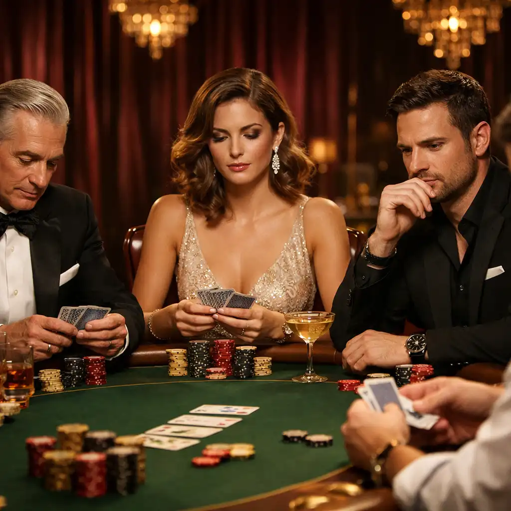 Ekskluzywny turniej pokerowy w otoczeniu gości ubranych w wieczorowe stroje