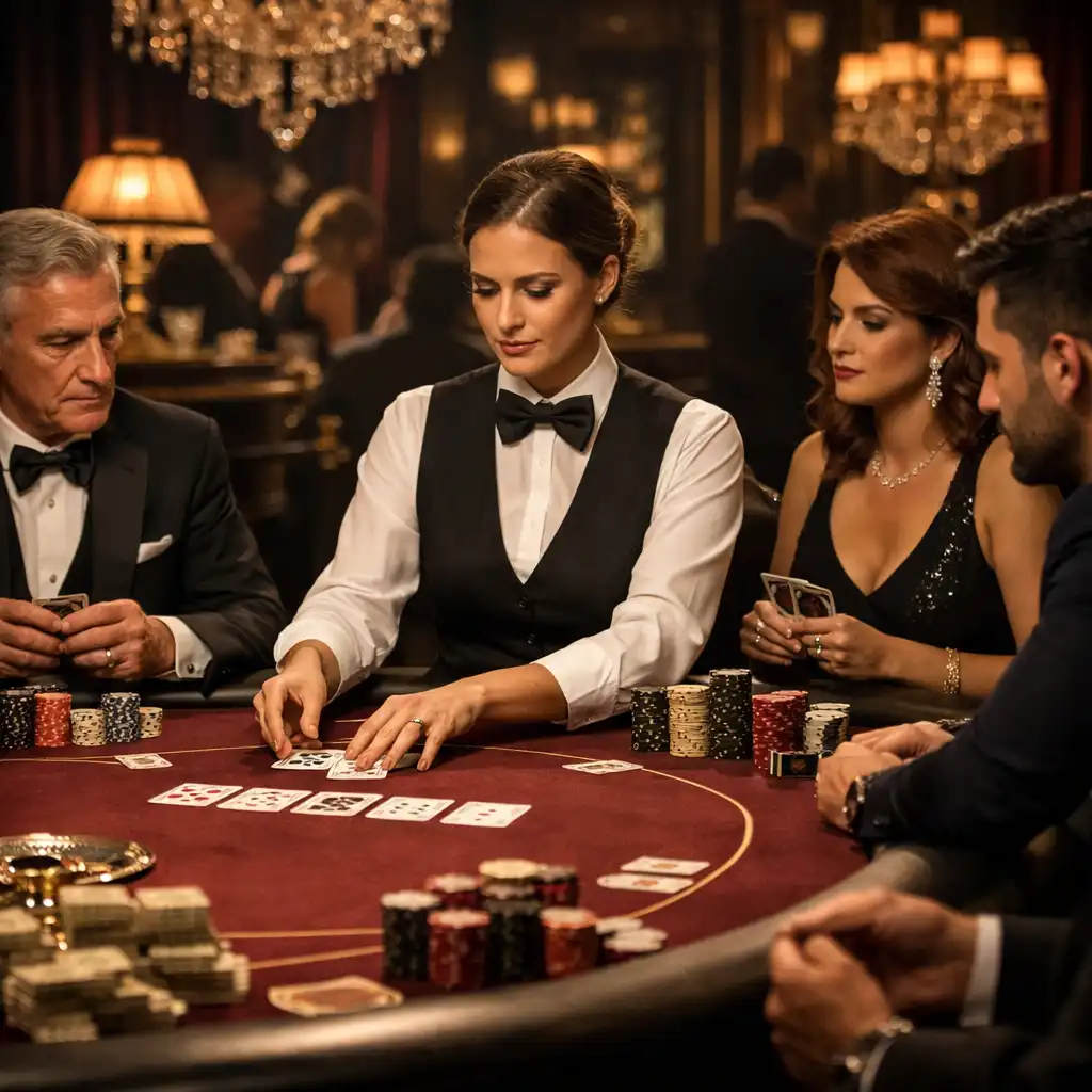 Turniej pokerowy w luksusowej oprawie z eleganckimi gośćmi i profesjonalnymi krupierami