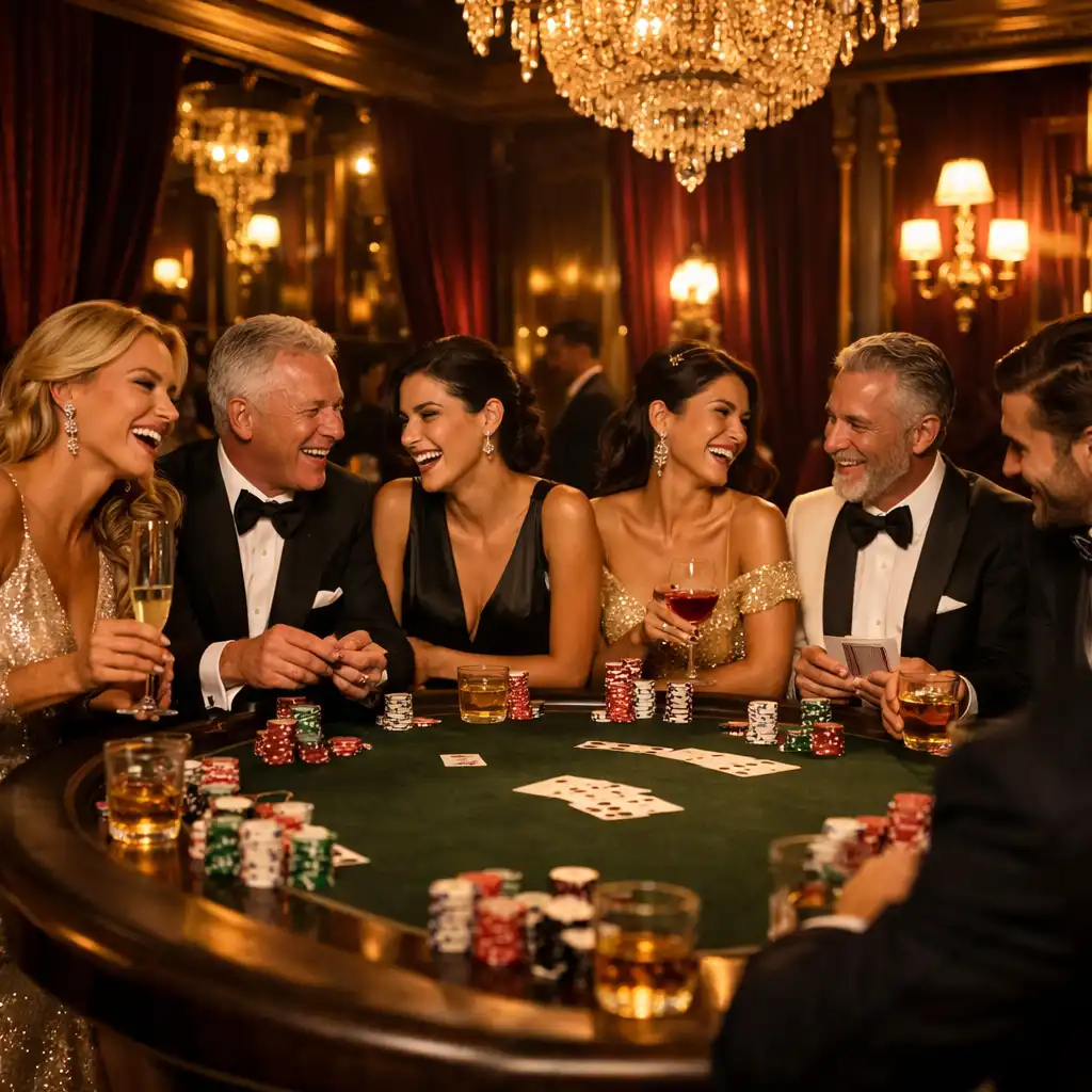 Elegancki stół pokerowy oświetlony nastrojowym światłem podczas ekskluzywnego wieczoru