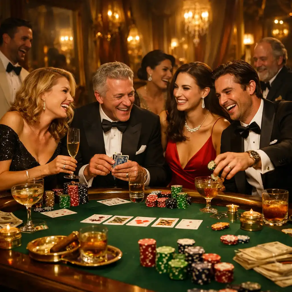 Elegancki stół pokerowy otoczony gośćmi w wieczorowych stylizacjach podczas prywatnego turnieju