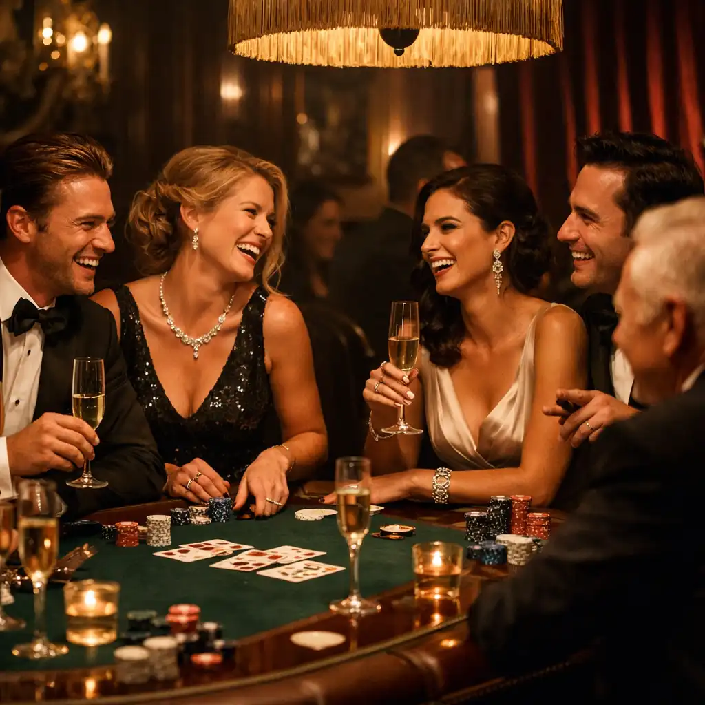 Goście przy eleganckim stole pokerowym podczas prywatnego wieczoru kasynowego