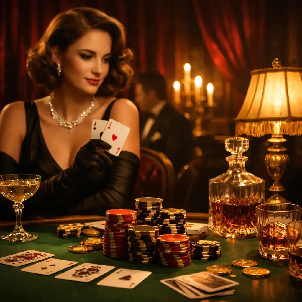 Vintage europejska oprawa wieczoru pokerowego z burgundowymi akcentami i złotym światłem